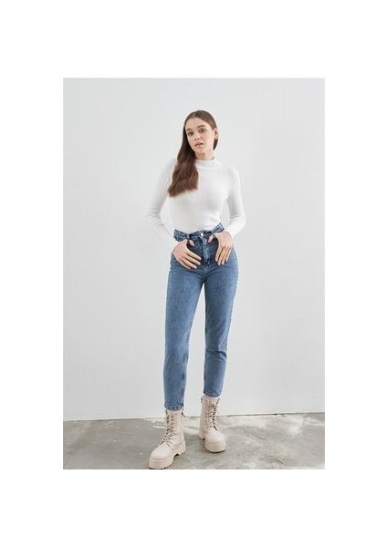 Zero Max Kadın Süper Yüksek Bel Mavi Mom Jeans Likralı Esnek Kot Pantolon