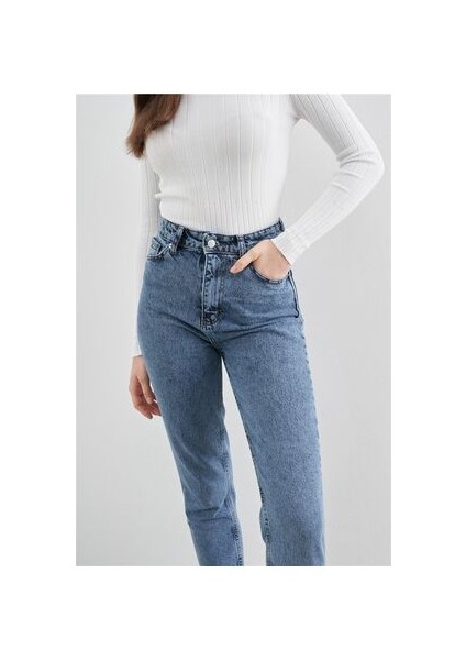 Zero Max Kadın Süper Yüksek Bel Mavi Mom Jeans Likralı Esnek Kot Pantolon