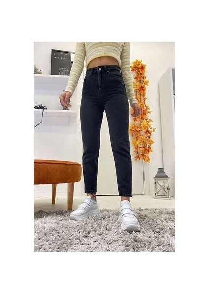 Zero Max Yüksek Bel Kadın Yüksek Bel Siyah Mom Likralı Esnek Kot Pantolon