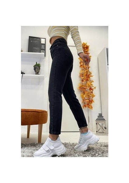 Zero Max Yüksek Bel Kadın Yüksek Bel Siyah Mom Likralı Esnek Kot Pantolon