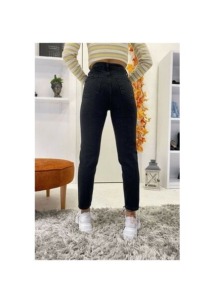 Zero Max Yüksek Bel Kadın Yüksek Bel Siyah Mom Likralı Esnek Kot Pantolon