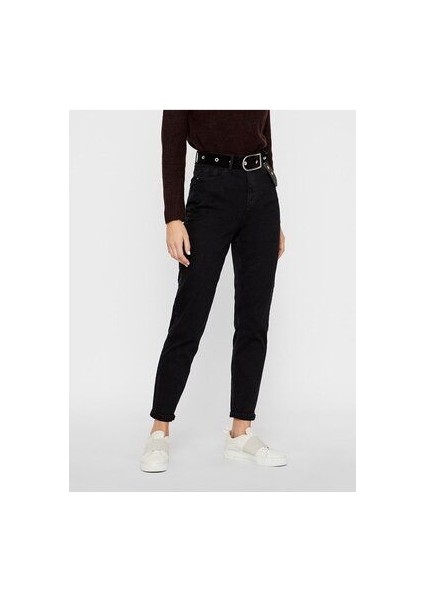 Mrn Trend Kadın Black Od Taşlanmış Siyah Renk Yüksek Bel Mom Kalıp Jean