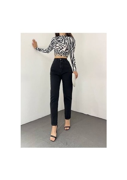 Yüksek Bel Normal Paça Mom Fit Siyah Kadın Denim Pantolon 2024