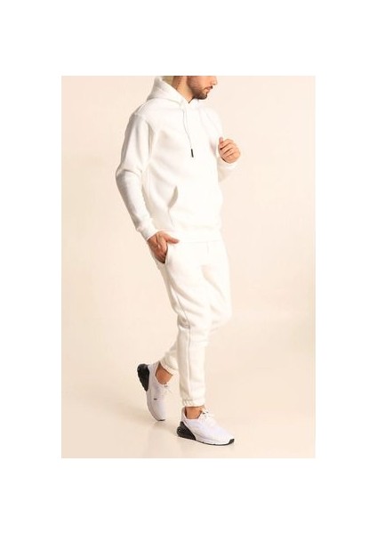 Erkek Beyaz Eşofman Takımı Oversize Kalıp Comfort Kapüşonlu Sweatshirt Sweatpants