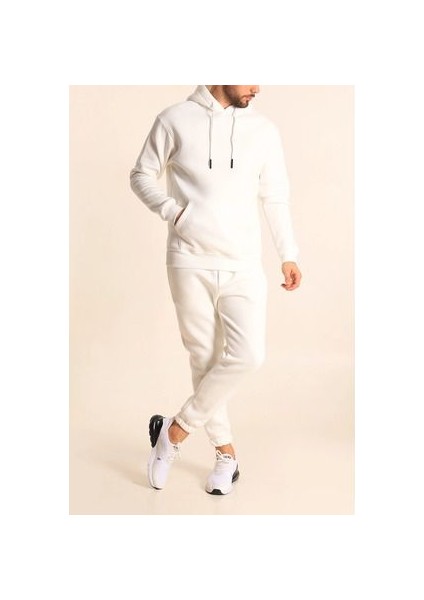Erkek Beyaz Eşofman Takımı Oversize Kalıp Comfort Kapüşonlu Sweatshirt Sweatpants modelleri
