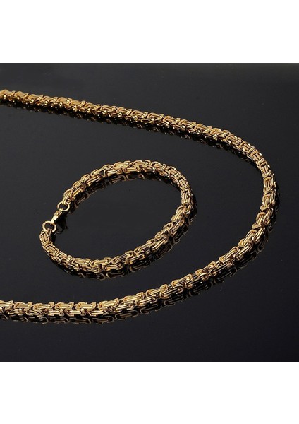 Erkek Çelik Kolye Bileklik Set Sarı Zincir Takı Aksesuar K24 T5