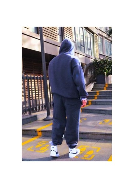 Erkek Kışlık Eşofman Takımı Füme 3 Iplik Içi Polarlı Oversize
