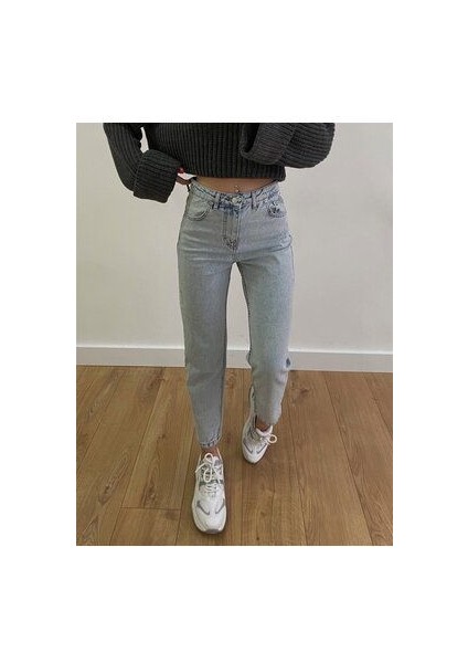Julia Kadın Mavi Kar Yıkama Mom Boyfriend Yüksek Bel Kot Jeans Pantolon