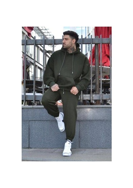 Erkek Kışlık Eşofman Takımı Haki 3 Iplik Içi Polarlı Oversize