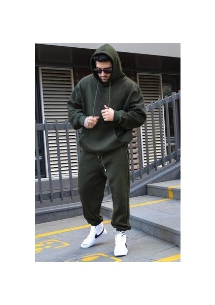 Erkek Kışlık Eşofman Takımı Haki 3 Iplik Içi Polarlı Oversize