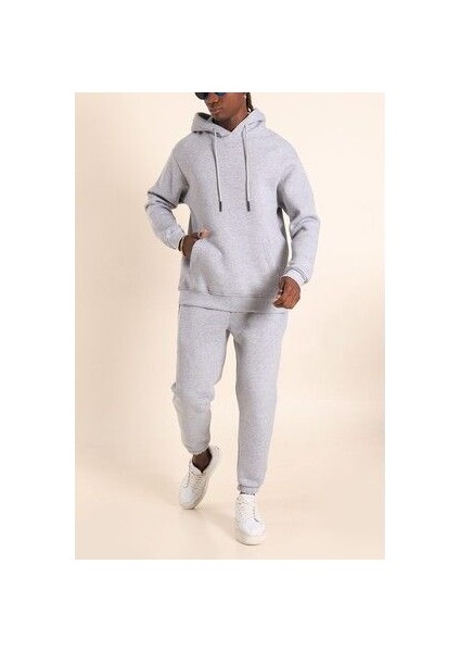 Erkek Gri Melanj Eşofman Takımı Oversize Kalıp Comfort Kapüşonlu Sweatshirt Sweatpants