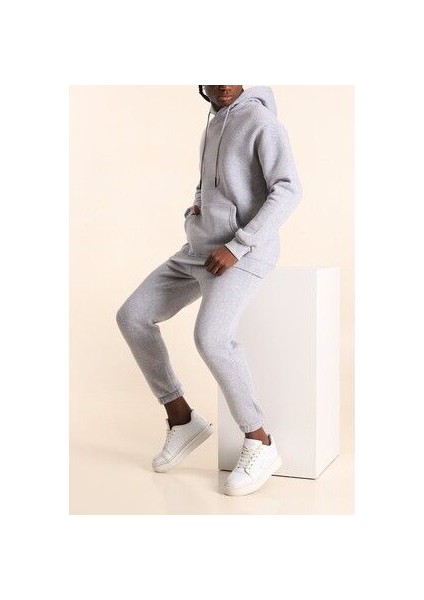 Erkek Gri Melanj Eşofman Takımı Oversize Kalıp Comfort Kapüşonlu Sweatshirt Sweatpants fiyatları