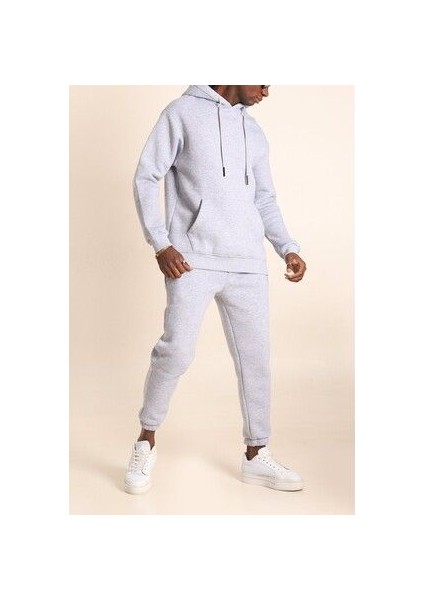 Erkek Gri Melanj Eşofman Takımı Oversize Kalıp Comfort Kapüşonlu Sweatshirt Sweatpants modelleri