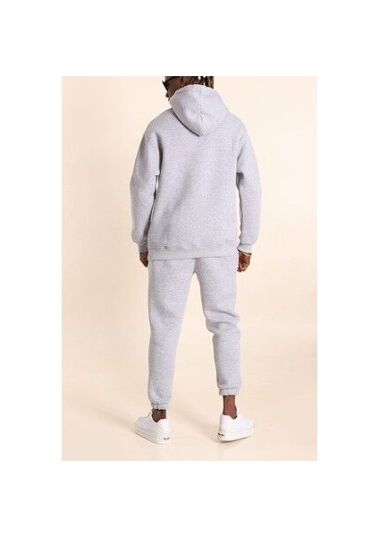 Erkek Gri Melanj Eşofman Takımı Oversize Kalıp Comfort Kapüşonlu Sweatshirt Sweatpants fırsatları