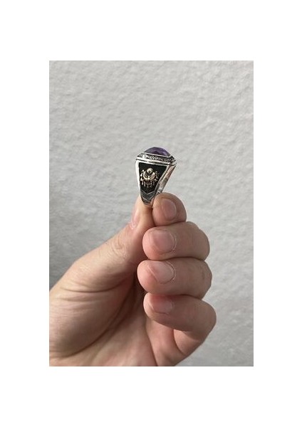 Osmanlı Tuğra Işlemeli Ametist Taşlı 925 Ayar Gümüş Erkek Yüzük