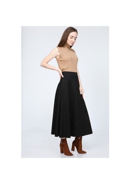 Kadın Siyah Yüksek Bel Süet Düz Mevlana Etek