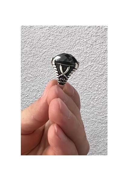 Çift Zülfikar Işlemeli Siyah Zirkon Taşlı 925 Ayar Gümüş Erkek Yüzük
