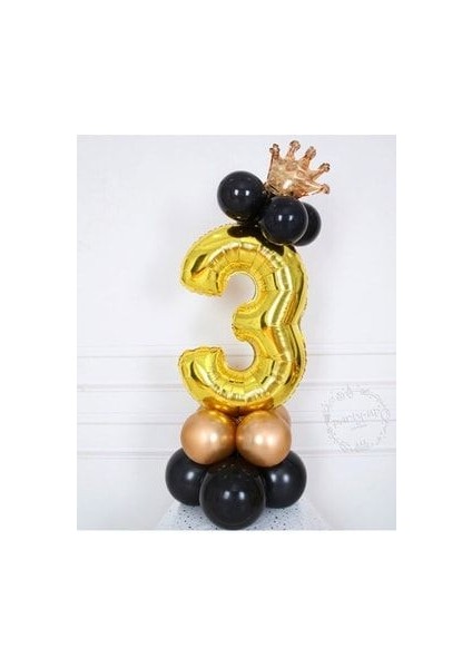 Altın Rakam Balon Karşılama Seti 3 Yaş Siyah Gold Renkleri Altın Taçlı 3 Rakamlı Balon