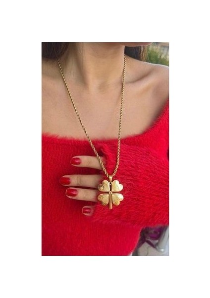 Takı Layyda Çelik Kuyumcu Model Altın Rengi Uzun Kararmaz Yonca Kolye