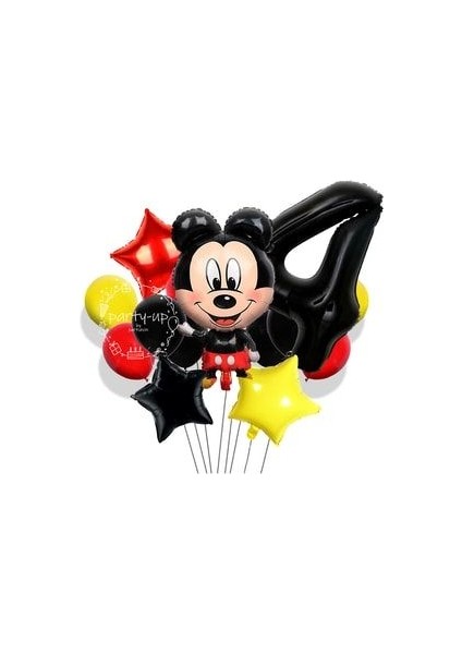 4 Yaş Siyah Rakam Balonlu Mickey Mouse Balon Seti Mini Fare Temalı 17'li Set