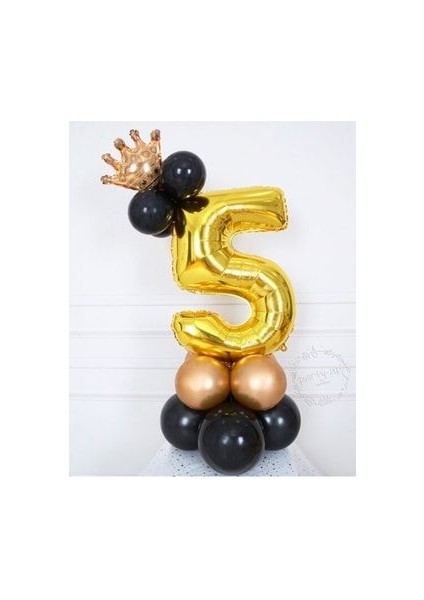 Altın Rakam Balon Karşılama Seti 5 Yaş Siyah Gold Renkleri Altın Taçlı 5 Rakamlı Balon