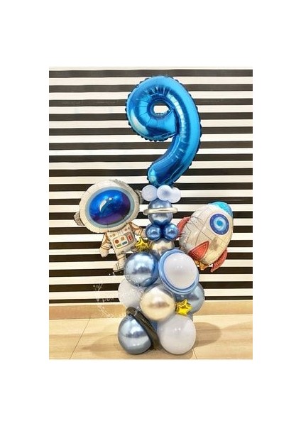 Astronot Roket Uzay Temalı 9 Yaş Mavi Rakamlı Balon Seti