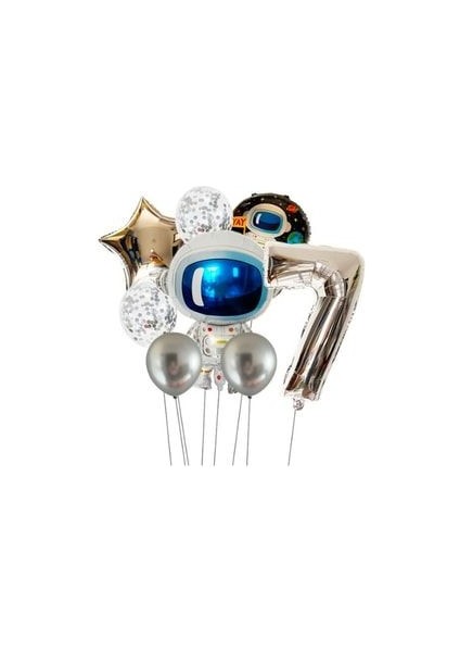 8'li Uzay Temalı Astronot Folyo Balon Seti 7 Yaş Gümüş Rakamlı Şeffaf Pullu ve Krom Balonlu