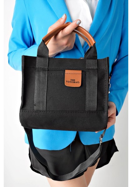 El-Kol-Omuz Kullanımına Uygun Fermuarlı Ayarlanabilir Askılı Siyah Renkli The Tote Bag Kanvas Çanta