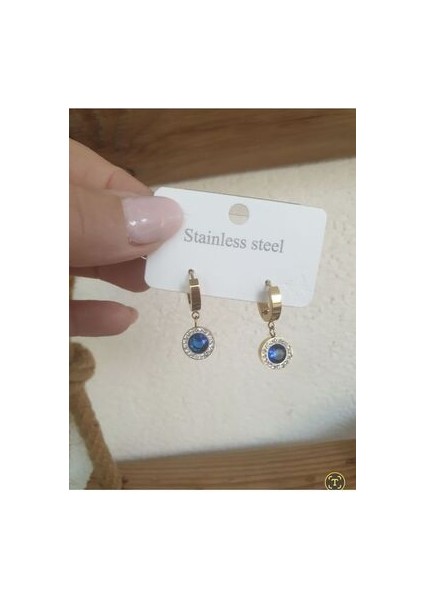 Zirkon Küpe Parlament Mavi Çeliktir Gold Yuvarlak Taşlı modelleri