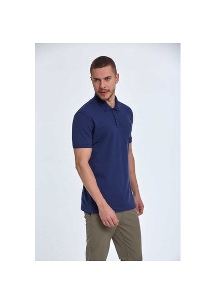 Nakışlı Pamuklu Polo Yaka Erkek Tişört Lacivert