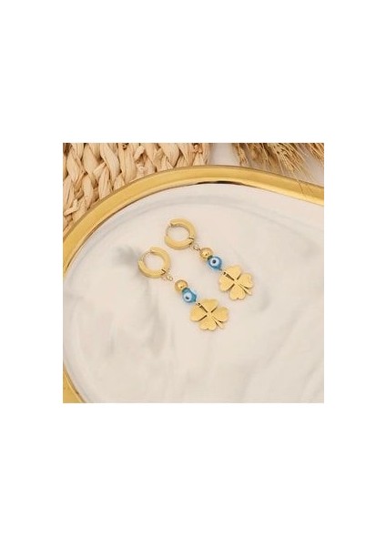 Paslanmaz Çelik Yonca Nazar Boncuklu Kadın Küpe