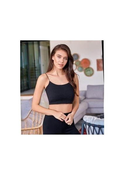Kadın Siyah Ip Askılı Crop 8031