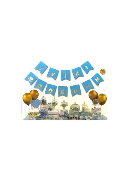 Iyiki Doğdun Banner Mavi Üstüne Gold Altın Sarısı Yaldızlı