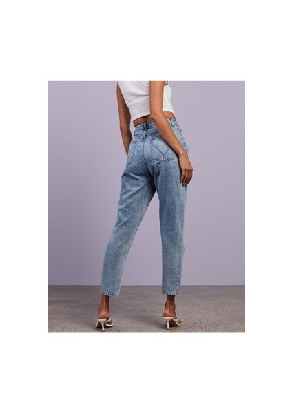 Pera Kar Mavi Mom Jean Kadın Boyfriend Yüksek Bel Likralı Kot Pantolon indirimleri