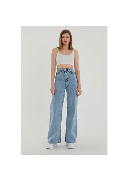 Zero Max Kadın Kar Yıkama Mavi Likralı Süper Yüksek Bel Salaş Jeans Palazzo Pantolon fiyatları