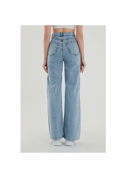 Zero Max Kadın Kar Yıkama Mavi Likralı Süper Yüksek Bel Salaş Jeans Palazzo Pantolon modelleri