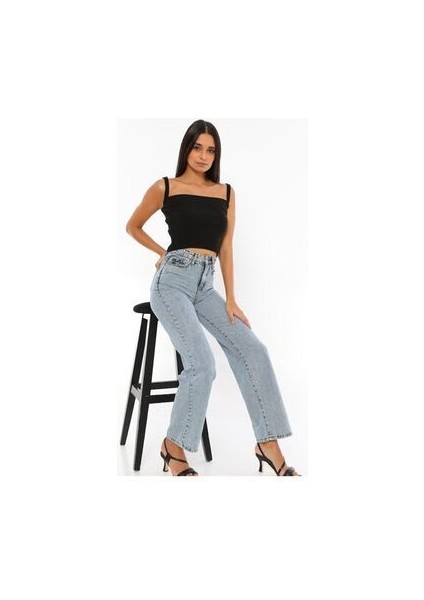 James Kadın Mavi Kar Yıkama Salaş Süper Yüksek Bel Likralı Bol Paça Denim Kot Pantolon