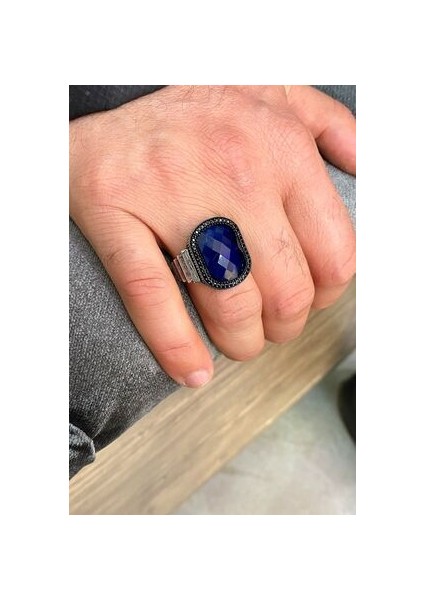 Oval Model Safir Taşlı Gümüş Erkek Yüzük