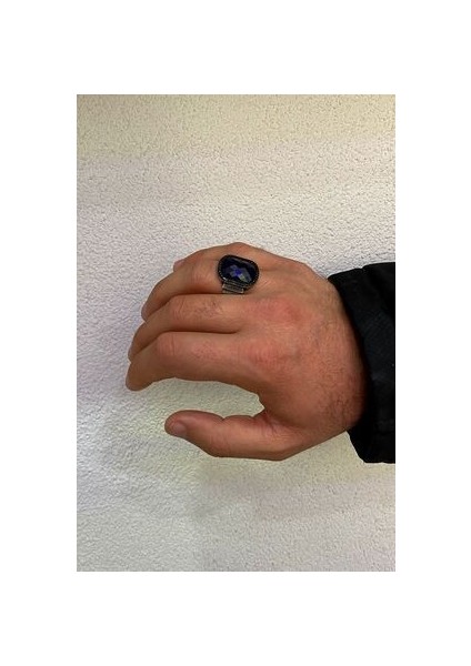 Oval Model Safir Taşlı Gümüş Erkek Yüzük