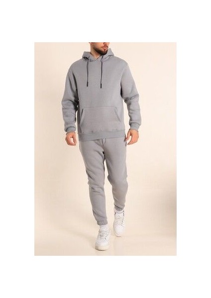 Erkek Gri Eşofman Takımı Oversize Kalıp Comfort Kapüşonlu Sweatshirt Sweatpants