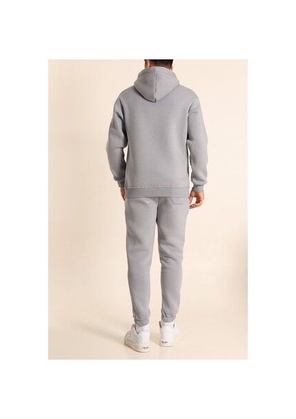 Erkek Gri Eşofman Takımı Oversize Kalıp Comfort Kapüşonlu Sweatshirt Sweatpants