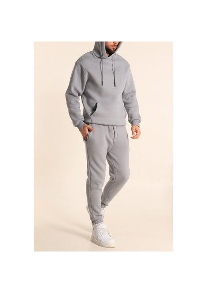 Erkek Gri Eşofman Takımı Oversize Kalıp Comfort Kapüşonlu Sweatshirt Sweatpants