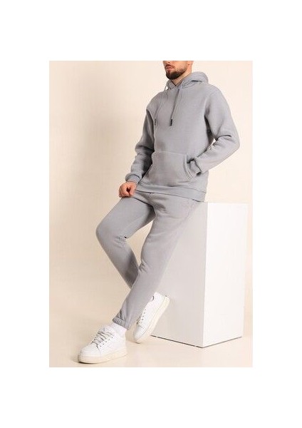 Erkek Gri Eşofman Takımı Oversize Kalıp Comfort Kapüşonlu Sweatshirt Sweatpants