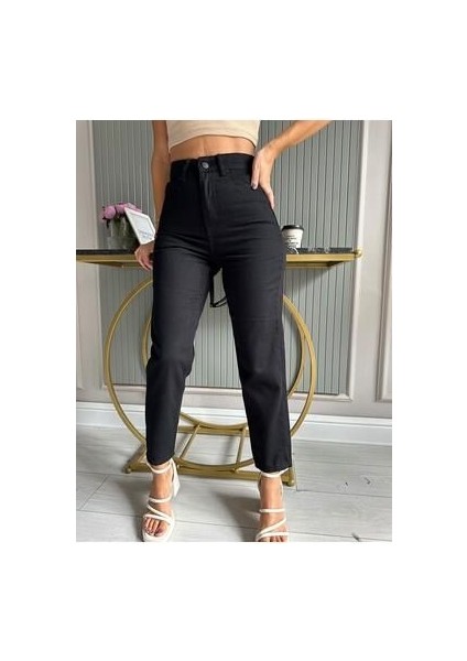 Leo Siyah Mom Jean Kadın Boyfriend Yüksek Bel Likralı Kot Pantolon fiyatları
