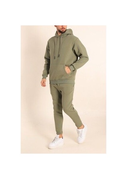 Erkek Haki Eşofman Takımı Oversize Kalıp Comfort Kapüşonlu Sweatshirt Sweatpants fiyatları