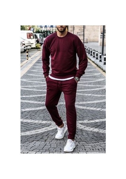 Bordo 3 Iplik Bisiket Yaka Şardonlu Alt Üst Erkek Eşofman Takımı