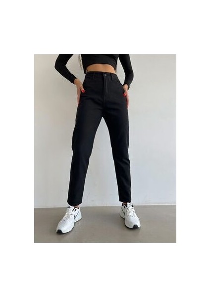 Leo Penelope Sera Kadın Yüksek Bel Siyah Likralı Mom Jean Boyfrend Kot Pantolon