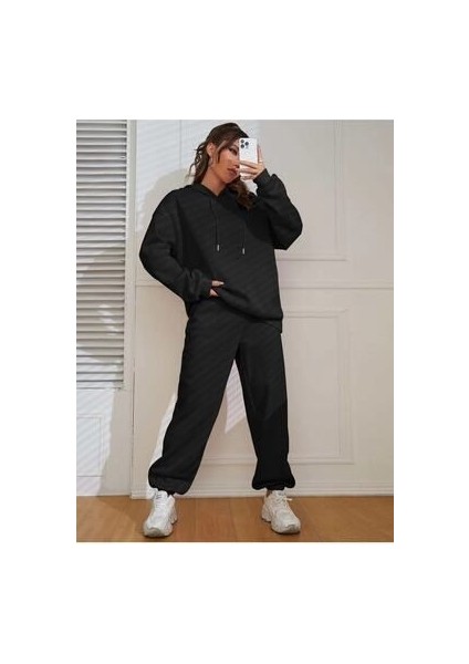 Unisex Siyah Kapşonlu Oversize Eşofman Takımı