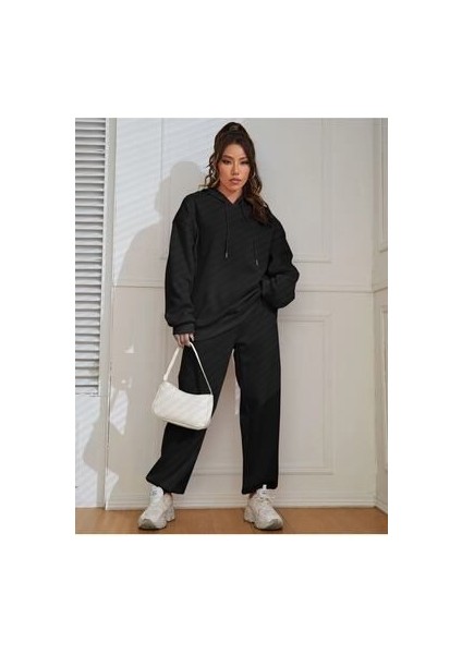 Unisex Siyah Kapşonlu Oversize Eşofman Takımı