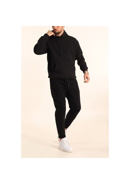Erkek Siyah Eşofman Takımı Oversize Kalıp Comfort Kapüşonlu Sweatshirt Sweatpants